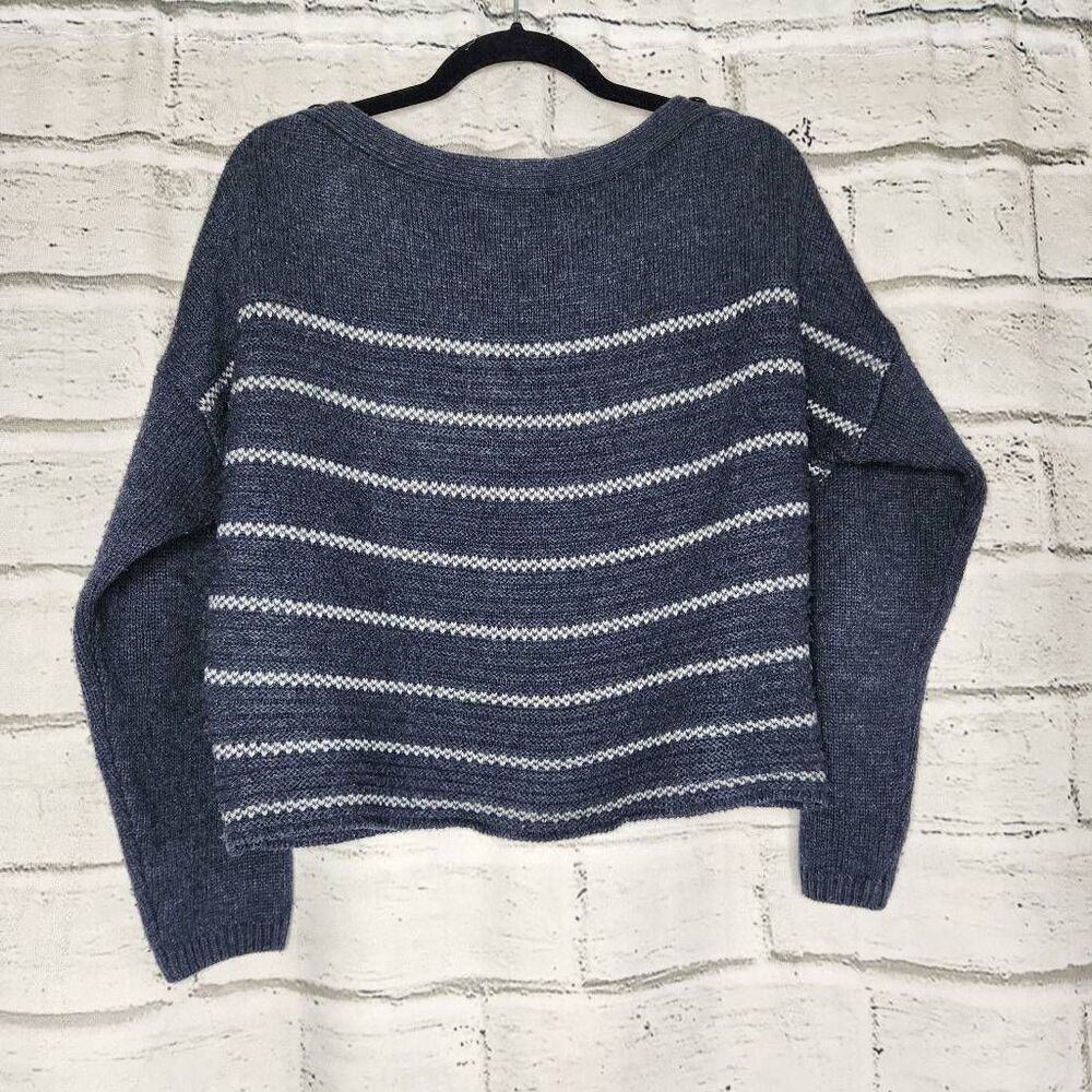 Prana Womens Navy White Phono Wool Blend Striped Cropped Pullover Sweater Sz XS